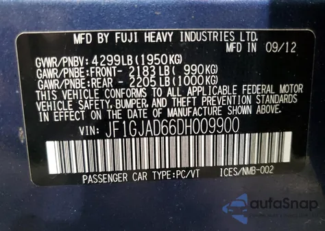 2013 Subaru Impreza Premium z USA, uszkodzony, nr VIN JF1GJAD66DH009900